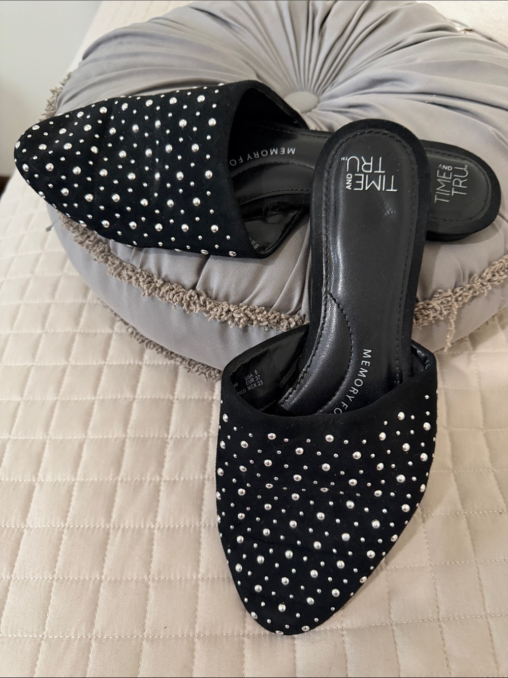 Time and Tru Black Pearl-Studded Pointed Toe Mules